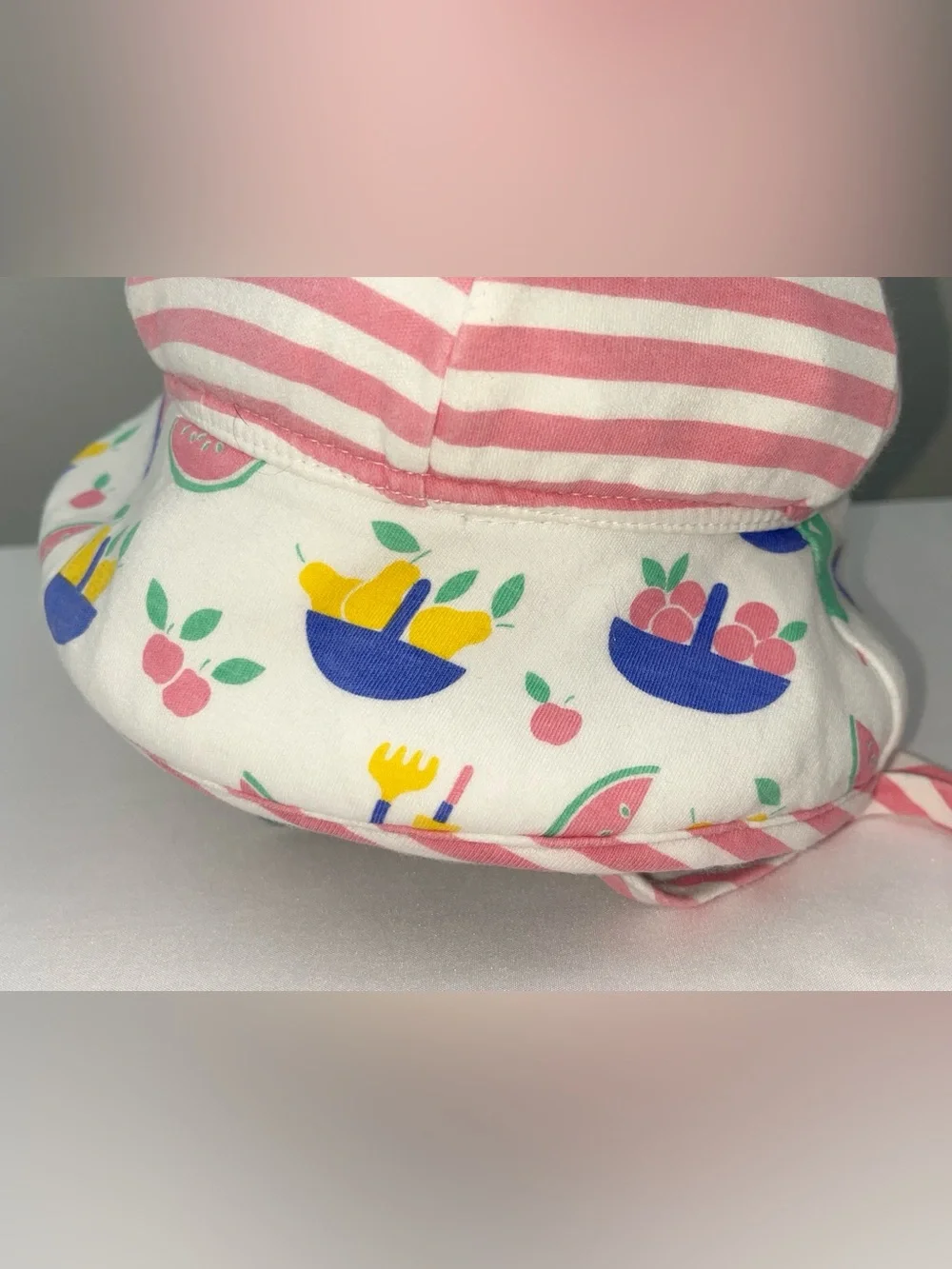 90s Marimekko Cotton Fruit Print Vintage Finnish Striped Bucket Sun Hat Infant
